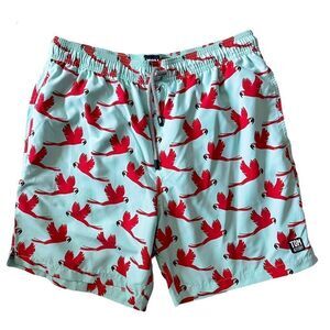 TOM & Teddy Red Parrot Print Swim Trunks Mens XL